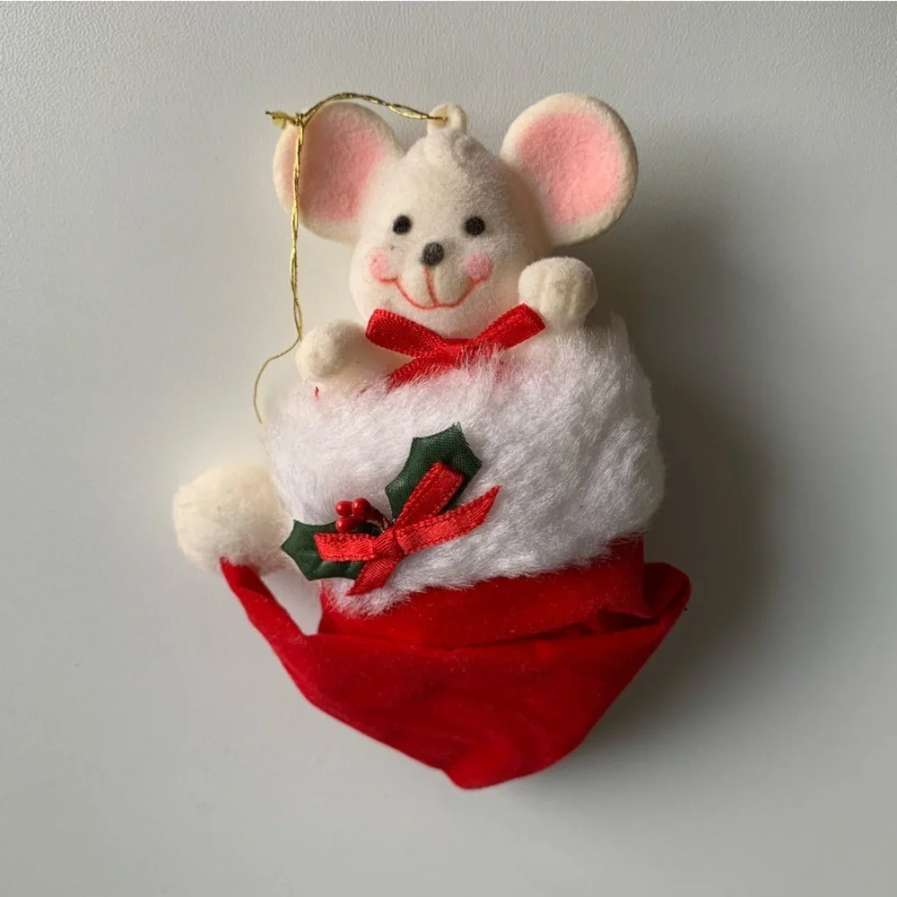 Vintage Mouse Inside Stocking 1970's Flocked Christmas Tree Ornament